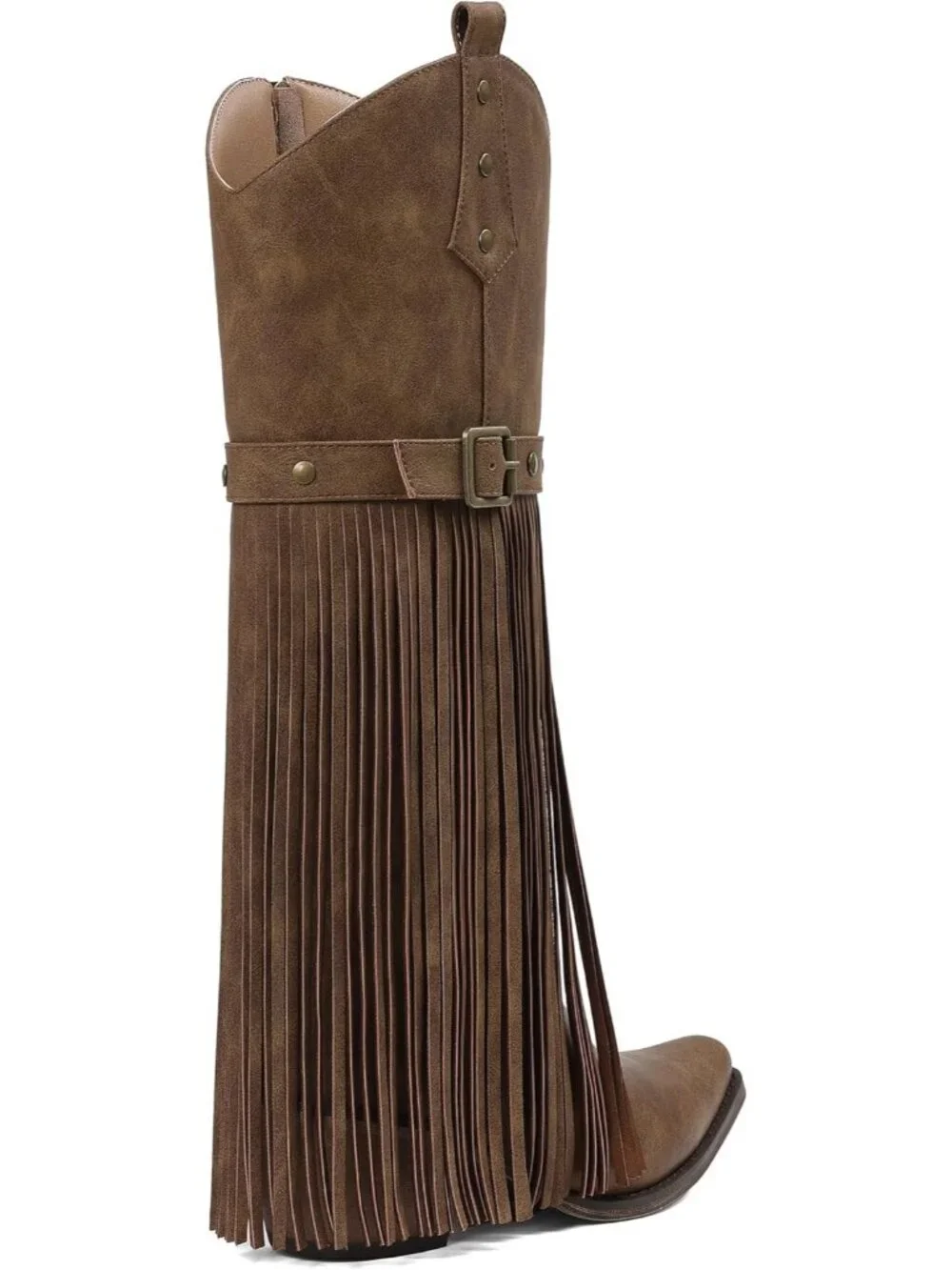 Women's Light Brown Retro Block Chunky Fringe Wide Calf Long Knee High Boots